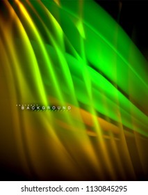 Neon glowing wave, magic energy and light motion background. Vector wallpaper template, illustration