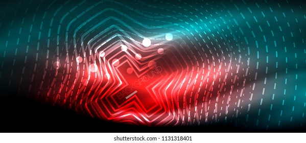 Neon glowing wave, magic energy and light motion background. Vector wallpaper template, hi-tech future concept