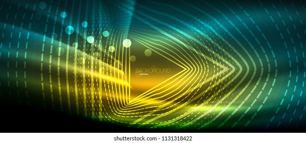Neon glowing wave, magic energy and light motion background. Vector wallpaper template, hi-tech future concept
