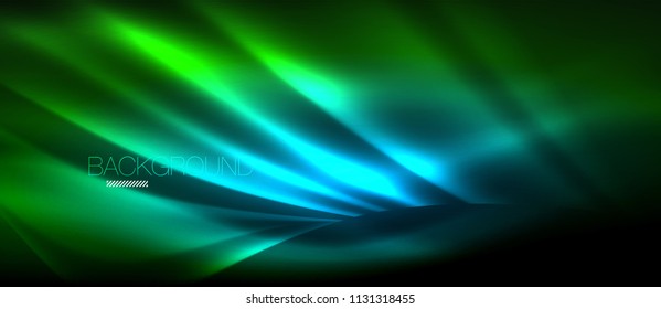 Neon glowing wave, magic energy and light motion background. Vector wallpaper template, hi-tech future concept