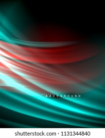 Neon glowing wave, magic energy and light motion background. Vector wallpaper template, illustration