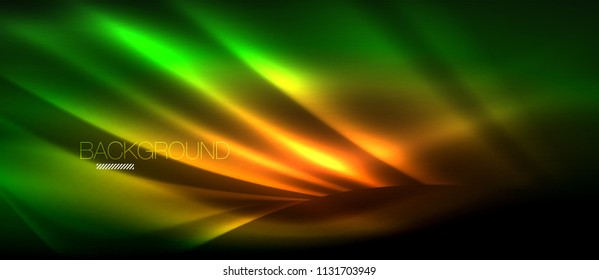 Neon glowing wave, magic energy and light motion background. Vector wallpaper template, hi-tech future concept