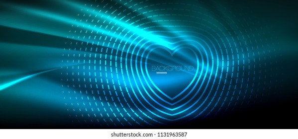 Neon glowing wave, magic energy and light motion background. Vector wallpaper template, hi-tech future concept