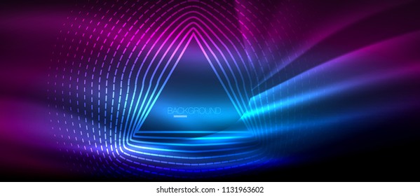 Neon glowing wave, magic energy and light motion background. Vector wallpaper template, hi-tech future concept