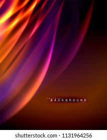 Neon glowing wave, magic energy and light motion background. Vector wallpaper template, illustration