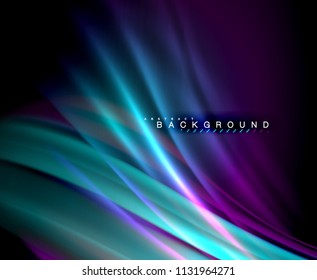 Neon glowing wave, magic energy and light motion background. Vector wallpaper template, illustration