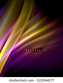 Neon glowing wave, magic energy and light motion background. Vector wallpaper template, illustration