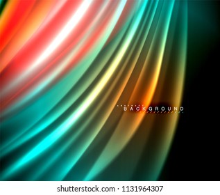 Neon glowing wave, magic energy and light motion background. Vector wallpaper template, illustration