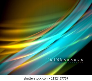 Neon glowing wave, magic energy and light motion background. Vector wallpaper template, illustration