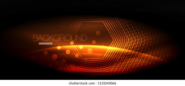 Neon glowing wave, magic energy and light motion background. Vector wallpaper template, hi-tech future concept