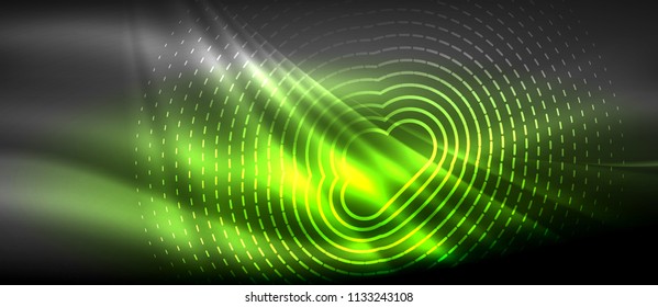 Neon glowing wave, magic energy and light motion background. Vector wallpaper template, hi-tech future concept