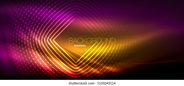 Neon glowing wave, magic energy and light motion background. Vector wallpaper template, hi-tech future concept