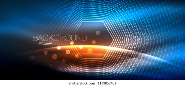Neon glowing wave, magic energy and light motion background. Vector wallpaper template, hi-tech future concept