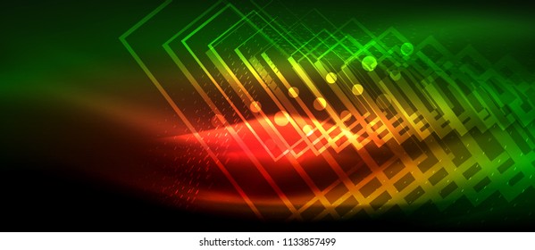 Neon glowing wave, magic energy and light motion background. Vector wallpaper template, hi-tech future concept