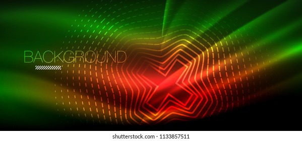 Neon glowing wave, magic energy and light motion background. Vector wallpaper template, hi-tech future concept