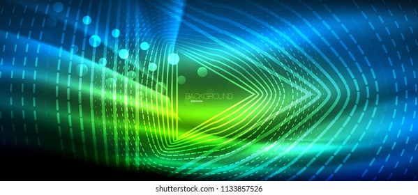 Neon glowing wave, magic energy and light motion background. Vector wallpaper template, hi-tech future concept