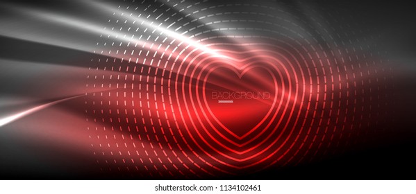 Neon glowing wave, magic energy and light motion background. Vector wallpaper template, hi-tech future concept