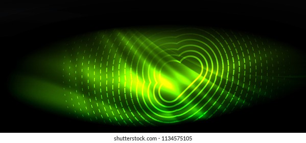 Neon glowing wave, magic energy and light motion background. Vector wallpaper template, hi-tech future concept