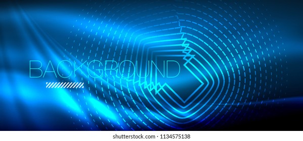 Neon glowing wave, magic energy and light motion background. Vector wallpaper template, hi-tech future concept