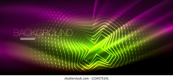 Neon glowing wave, magic energy and light motion background. Vector wallpaper template, hi-tech future concept
