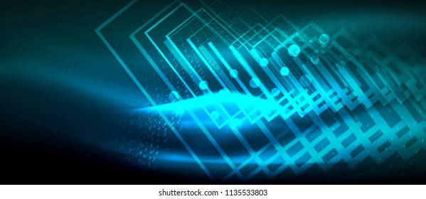 Neon glowing wave, magic energy and light motion background. Vector wallpaper template, hi-tech future concept