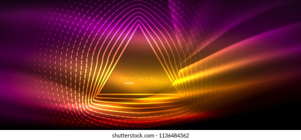 Neon glowing wave, magic energy and light motion background. Vector wallpaper template, hi-tech future concept