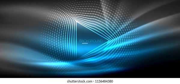 Neon glowing wave, magic energy and light motion background. Vector wallpaper template, hi-tech future concept