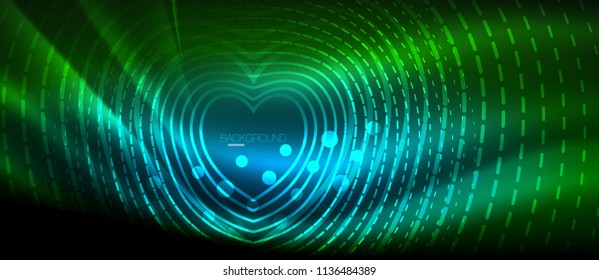 Neon glowing wave, magic energy and light motion background. Vector wallpaper template, hi-tech future concept