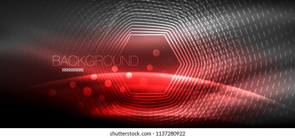 Neon glowing wave, magic energy and light motion background. Vector wallpaper template, hi-tech future concept