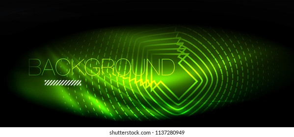 Neon glowing wave, magic energy and light motion background. Vector wallpaper template, hi-tech future concept