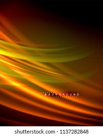 Neon glowing wave, magic energy and light motion background. Vector wallpaper template, illustration