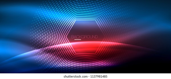 Neon glowing wave, magic energy and light motion background. Vector wallpaper template, hi-tech future concept
