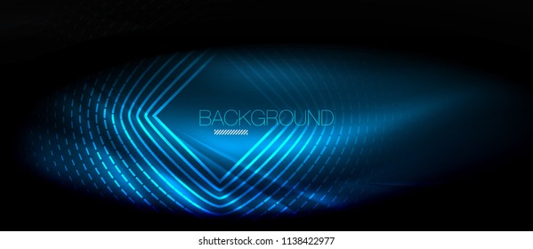 Neon glowing wave, magic energy and light motion background. Vector wallpaper template, hi-tech future concept