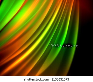 Neon glowing wave, magic energy and light motion background. Vector wallpaper template, illustration