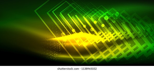 Neon glowing wave, magic energy and light motion background. Vector wallpaper template, hi-tech future concept