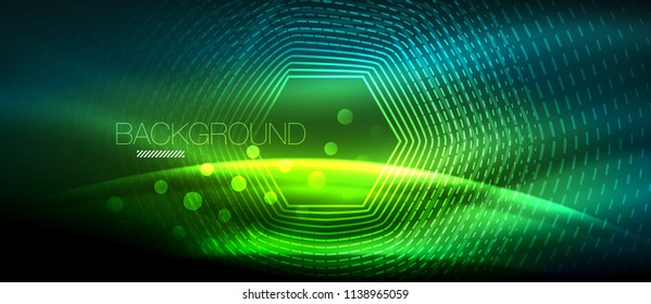 Neon glowing wave, magic energy and light motion background. Vector wallpaper template, hi-tech future concept