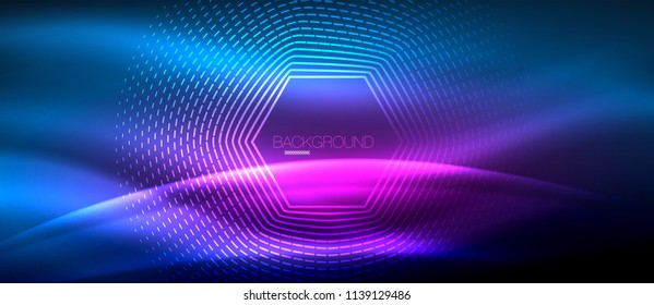 Onda brillante neón, energía mágica y fondo de movimiento de luz. Plantilla de papel tapiz vectorial, concepto de futuro de alta tecnología