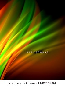 Neon glowing wave, magic energy and light motion background. Vector wallpaper template, illustration