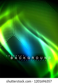 Neon glowing wave, magic energy and light motion background. Vertical orientation