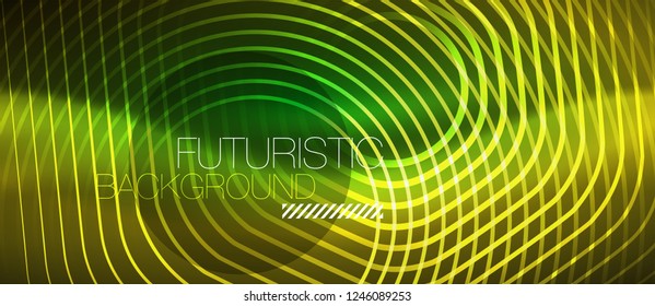 Onda brillante neón, energía mágica y fondo de movimiento de luz. Plantilla de fondo de pantalla de diseño de vectores