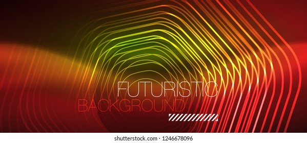 Neon glowing wave, magic energy and light motion background. Vector design wallpaper template