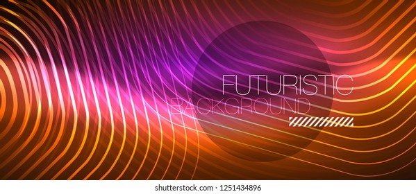 Neon glowing wave, magic energy and light motion background. Vector design wallpaper template