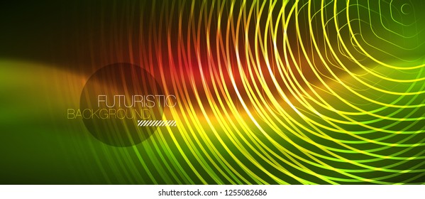 Neon glowing wave, magic energy and light motion background. Vector design wallpaper template