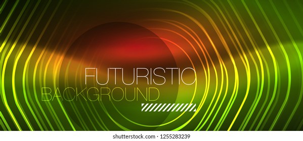 Onda brillante neón, energía mágica y fondo de movimiento de luz. Plantilla de fondo de pantalla de diseño de vectores