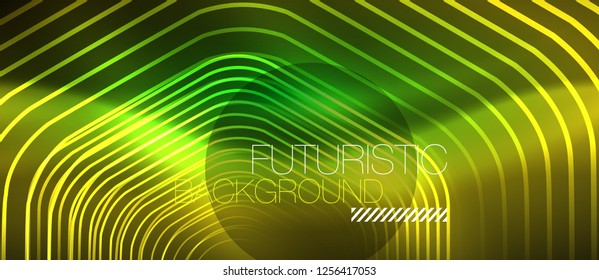 Neon glowing wave, magic energy and light motion background. Vector design wallpaper template