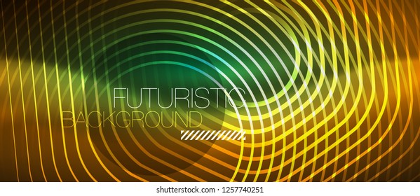Neon glowing wave, magic energy and light motion background. Vector design wallpaper template