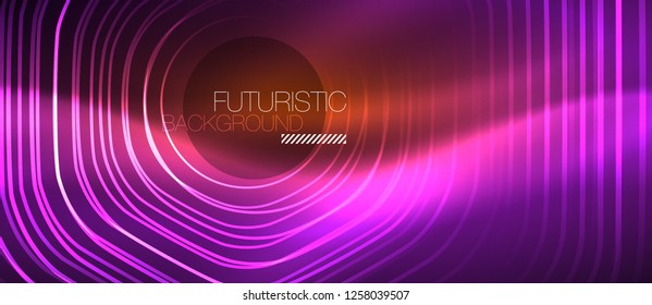 Neon glowing wave, magic energy and light motion background. Vector design wallpaper template