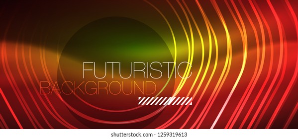 Neon glowing wave, magic energy and light motion background. Vector design wallpaper template