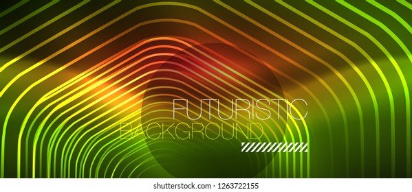 Neon glowing wave, magic energy and light motion background. Vector design wallpaper template