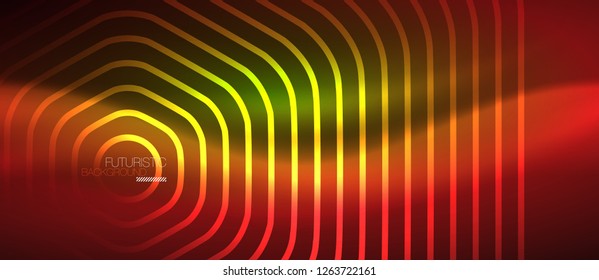 Onda brillante neón, energía mágica y fondo de movimiento de luz. Plantilla de fondo de pantalla de diseño de vectores